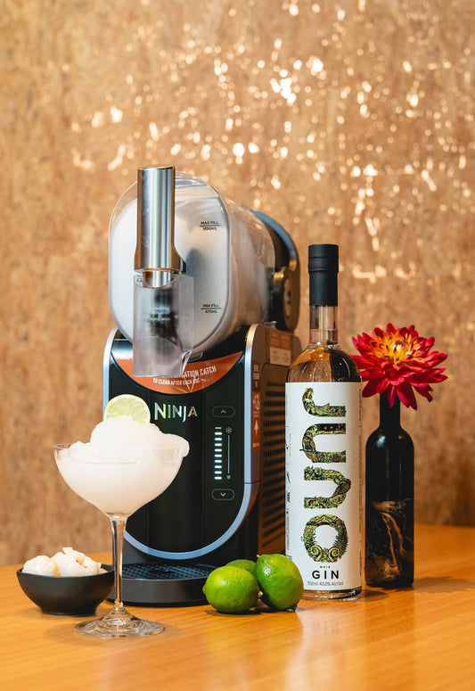 A Slushee Ninja machine next to a frozen Lychee Martini cocktail and a bottle of Maia Gin