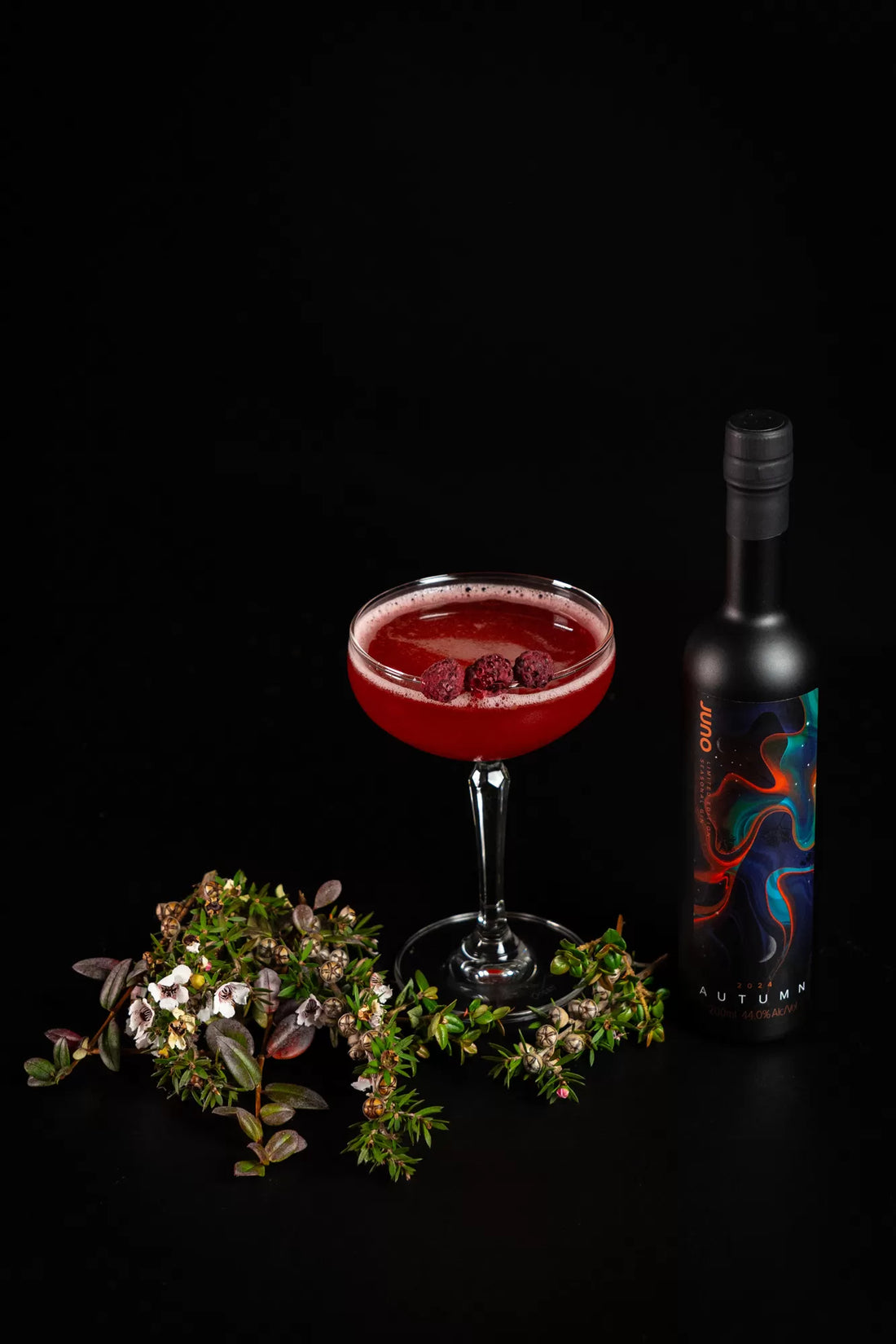 A red Pick of the Patch cocktail in a coupe glass with raspberries on top next to a bottle of Juno Autumn 2024 Seasonal Gin