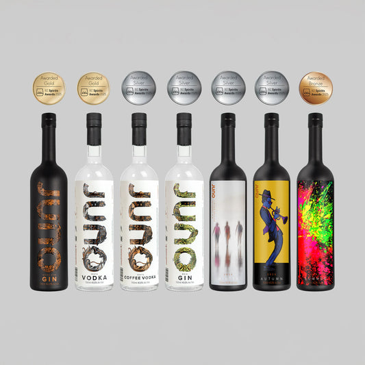 Gin and vodka bottes with medals