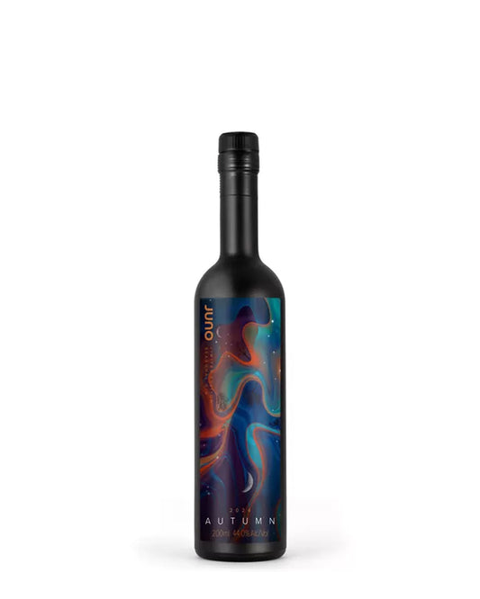 200ml bottle of Juno Spirits Autumn 2024 Seasonal Gin, a limited-edition small-batch gin with notes of Chilean guava and manuka cone.