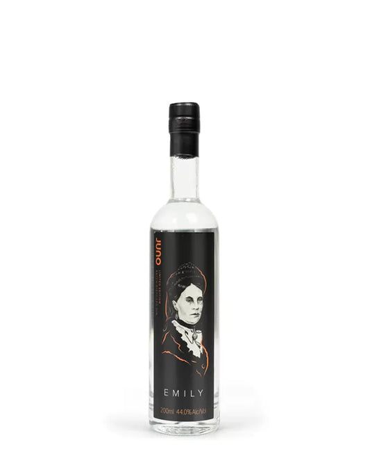 200ml bottle of Juno Spirits Emily Gin, featuring lime blossom, chamomile, and lemon verbena.