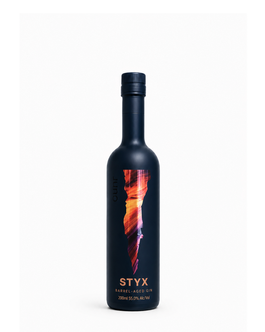 Styx IV Release Barrel-Aged Gin 200ml. Named for the mythical underworld river, this gin is barrel-aged in a refurbished French Oak port barrel.