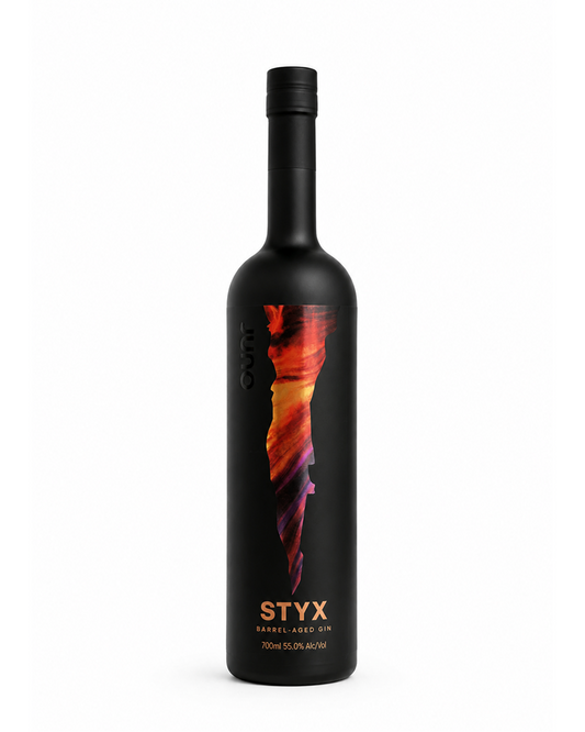 Styx IV Release Barrel-Aged Gin 700ml. Named for the mythical underworld river, this gin is barrel-aged in a refurbished French Oak port barrel.