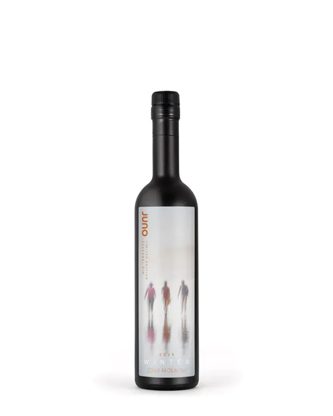 200ml bottle of Juno Spirits Winter 2025 Seasonal Gin, a limited-edition small-batch gin with notes of black olive, olive leaf, and Tahitian lime.