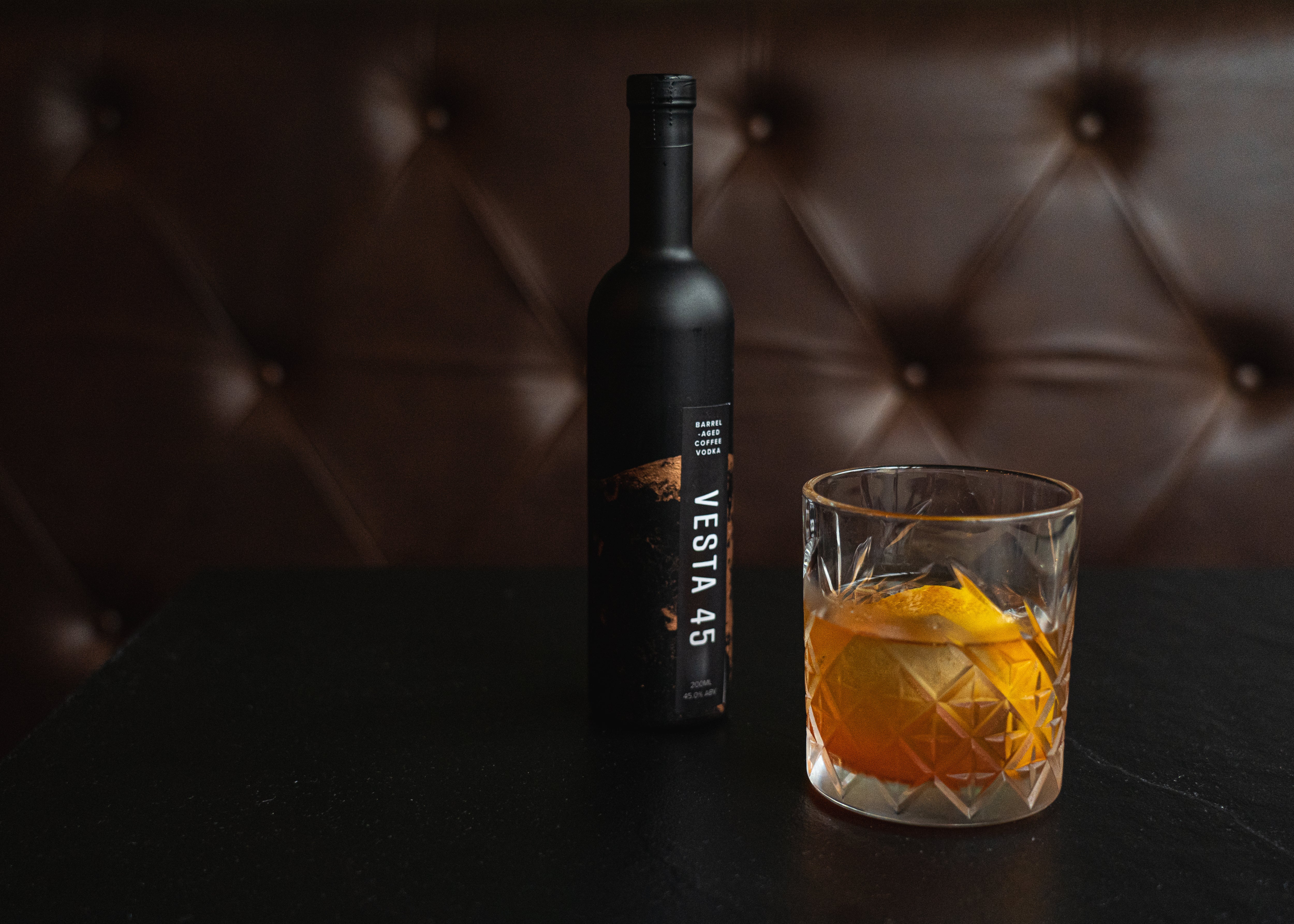 A lifestyle photograph of Vesta 45 Barrel-Aged Coffee Vodka 200ml